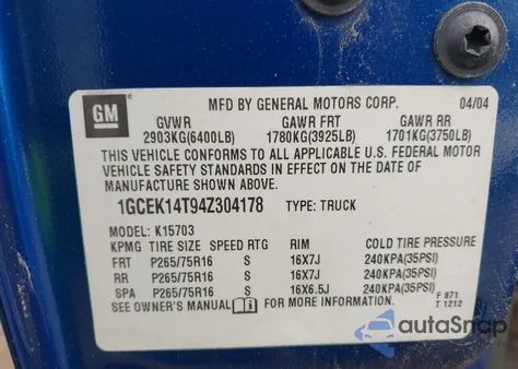 2004 Chevrolet Silverado 1500 Z71 z USA, uszkodzony, nr VIN 1GCEK14T94Z304178